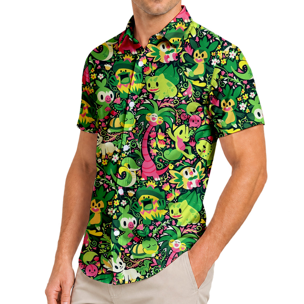 Men’s Pokémon Grass-Type Characters Floral Short Sleeve Button-Up Shirt