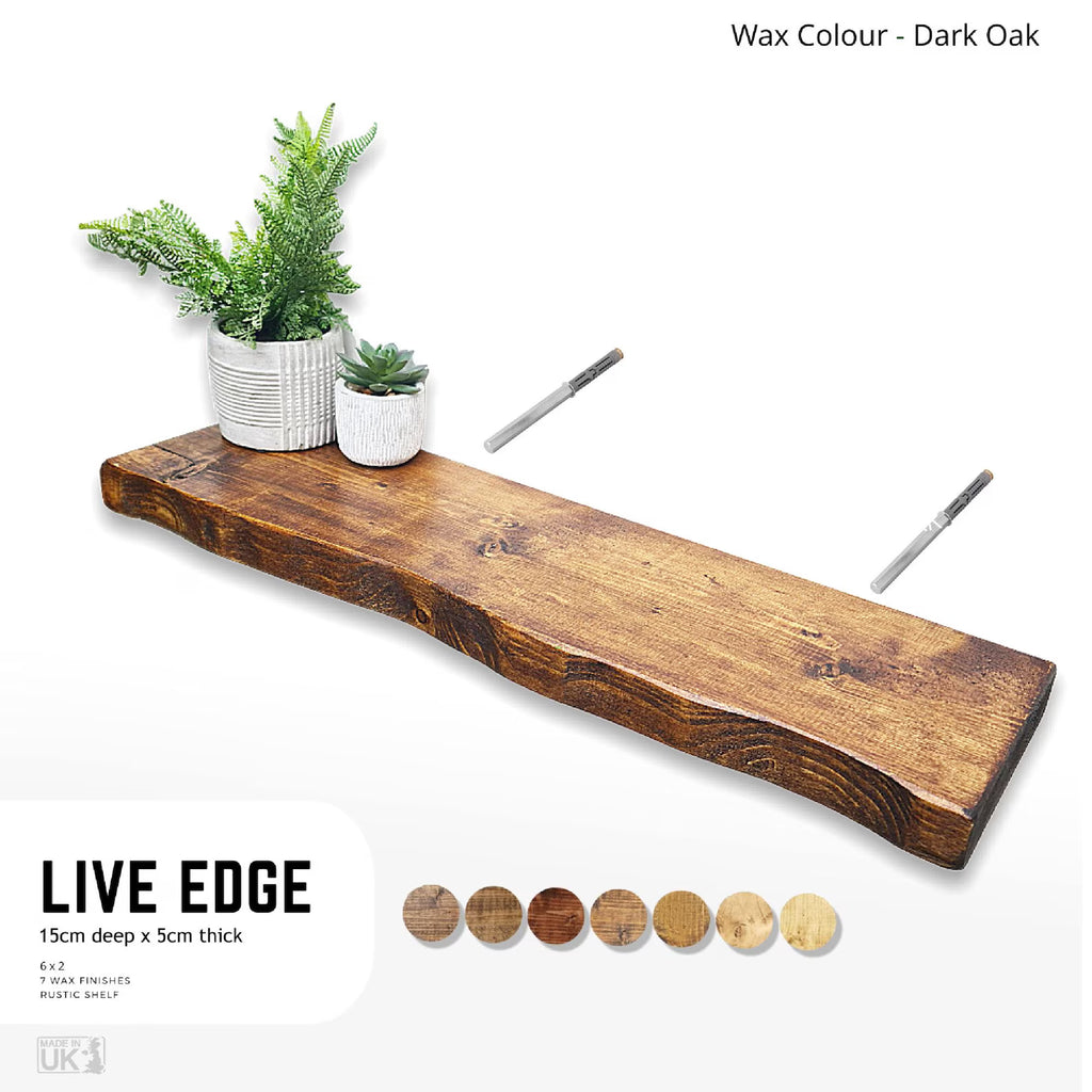 Handmade Rustic Solid Wood Floating Shelf, Live Edge, Wax Finish, 15cm Deep, Fixings Included