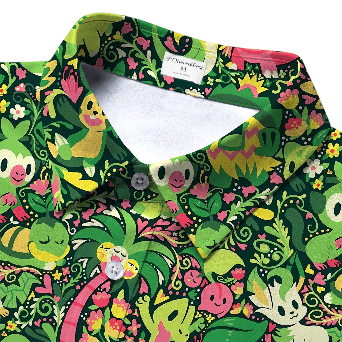 Men’s Pokémon Grass-Type Characters Floral Short Sleeve Button-Up Shirt