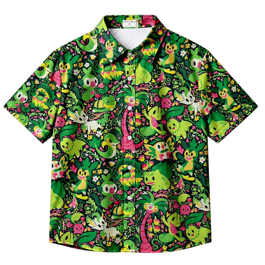 Men’s Pokémon Grass-Type Characters Floral Short Sleeve Button-Up Shirt