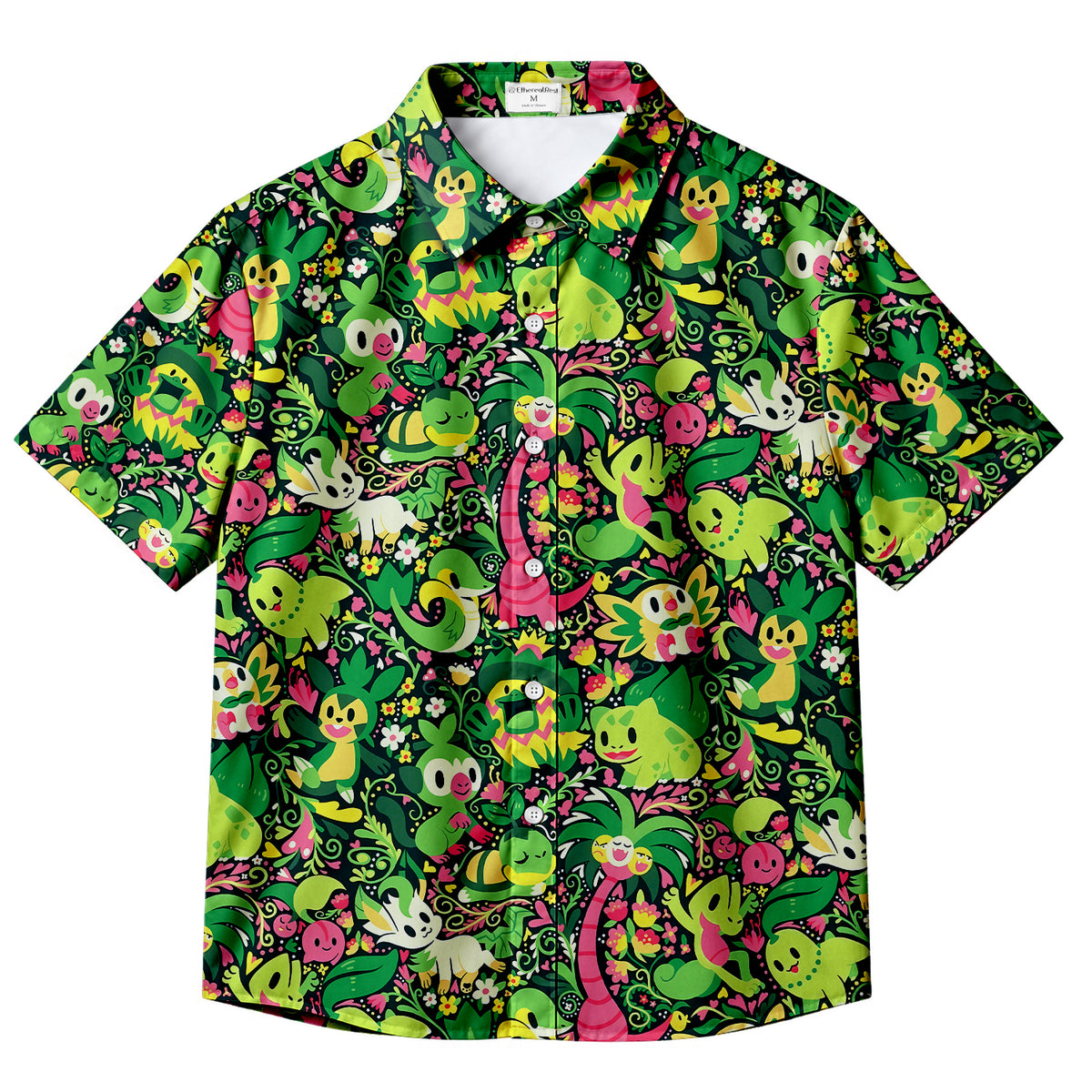Men’s Pokémon Grass-Type Characters Floral Short Sleeve Button-Up Shirt