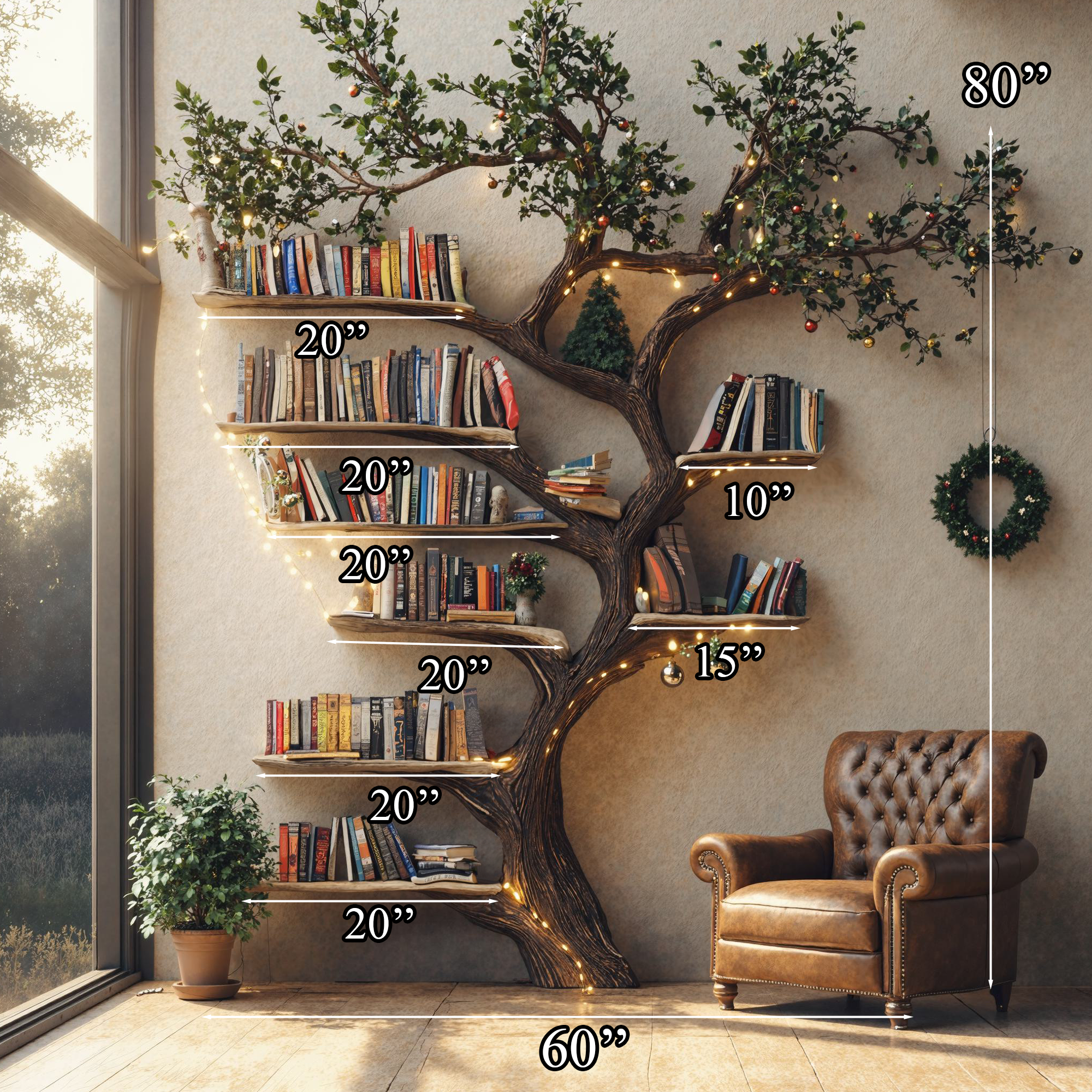 Black Tree Branch Bookshelf Wall Mount Mid Century SINLTB079