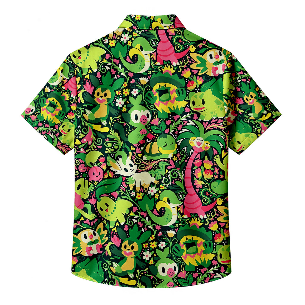 Men’s Pokémon Grass-Type Characters Floral Short Sleeve Button-Up Shirt