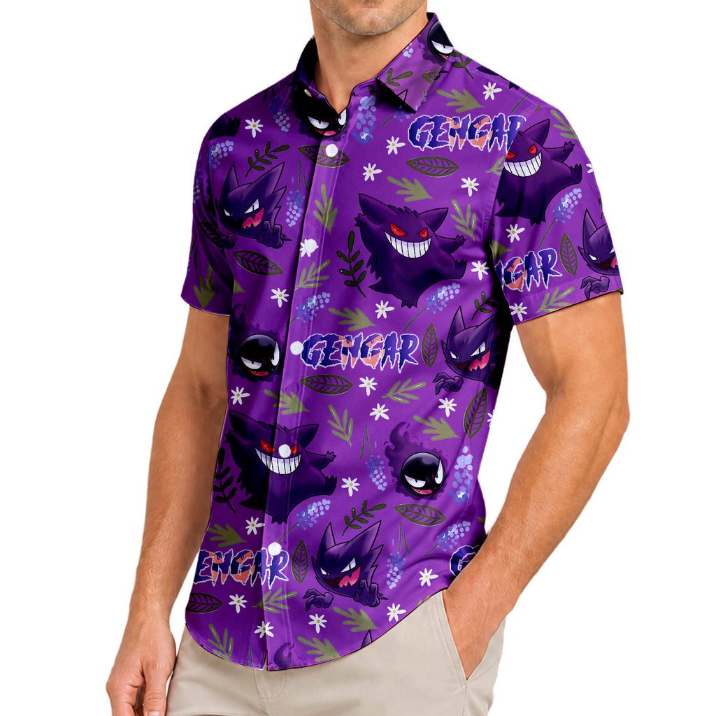 Men’s Pokémon Gengar Evolution Floral Pattern Short Sleeve Button-Up Shirt
