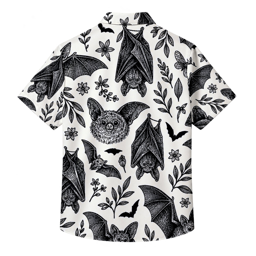 Men’s Black Bat Botanical Pattern Short Sleeve Button-Up Shirt