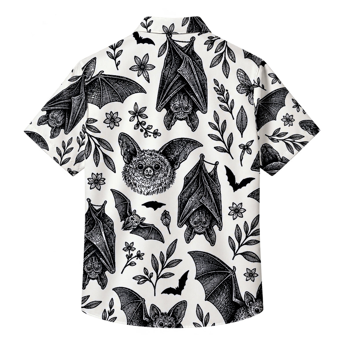 Men’s Black Bat Botanical Pattern Short Sleeve Button-Up Shirt