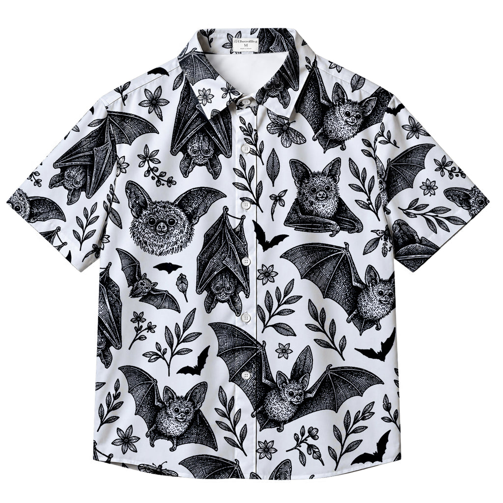 Men’s Black Bat Botanical Pattern Short Sleeve Button-Up Shirt