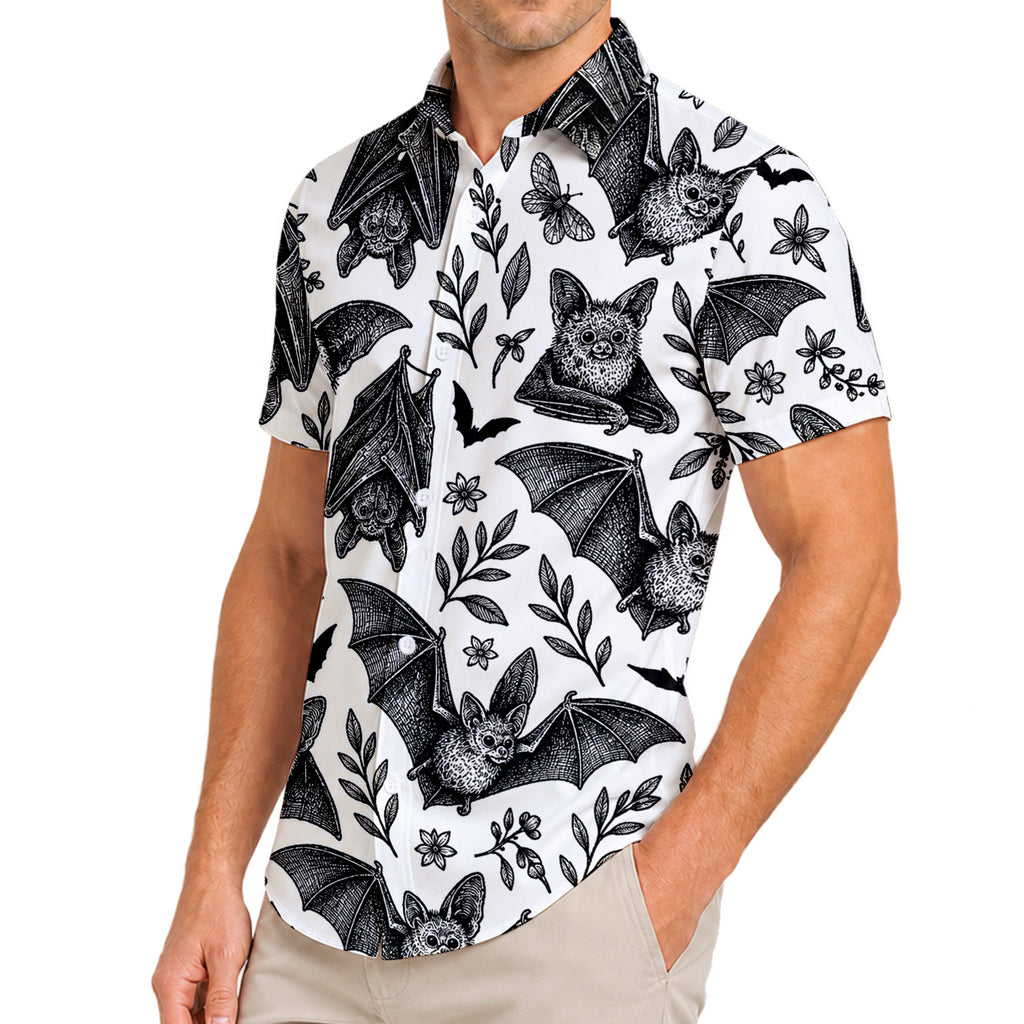 Men’s Black Bat Botanical Pattern Short Sleeve Button-Up Shirt