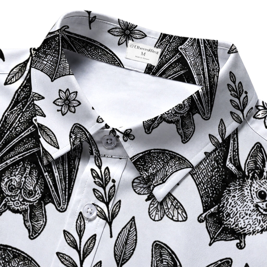 Men’s Black Bat Botanical Pattern Short Sleeve Button-Up Shirt