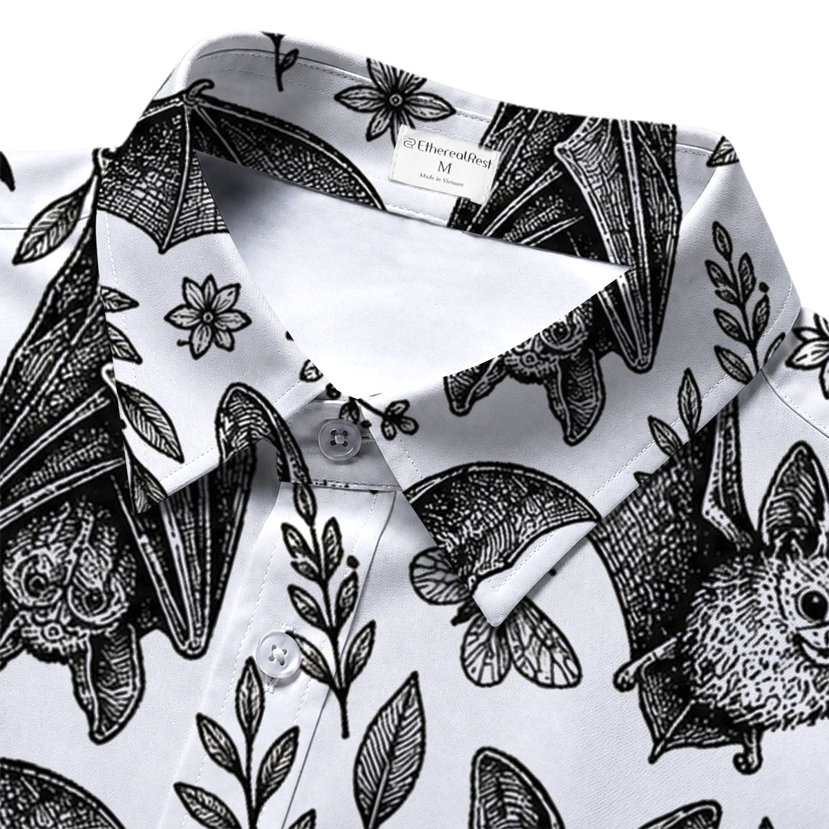 Men’s Black Bat Botanical Pattern Short Sleeve Button-Up Shirt