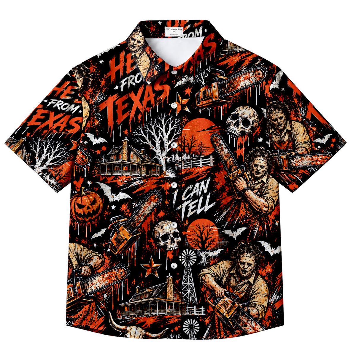 Men’s Black Chainsaw Slasher Horror Short Sleeve Button-Up Shirt