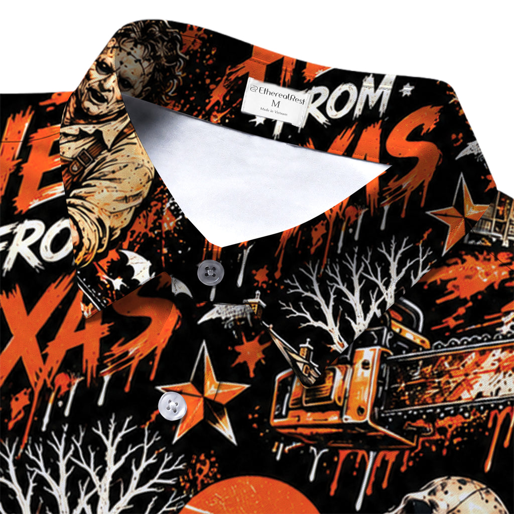 Men’s Black Chainsaw Slasher Horror Short Sleeve Button-Up Shirt