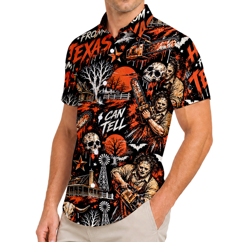 Men’s Black Chainsaw Slasher Horror Short Sleeve Button-Up Shirt