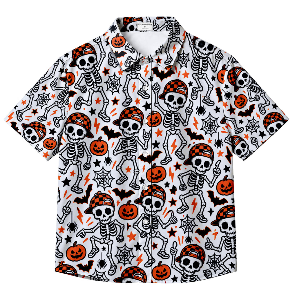 Men’s Halloween Skeleton Pumpkin Short Sleeve Button-Up Shirt