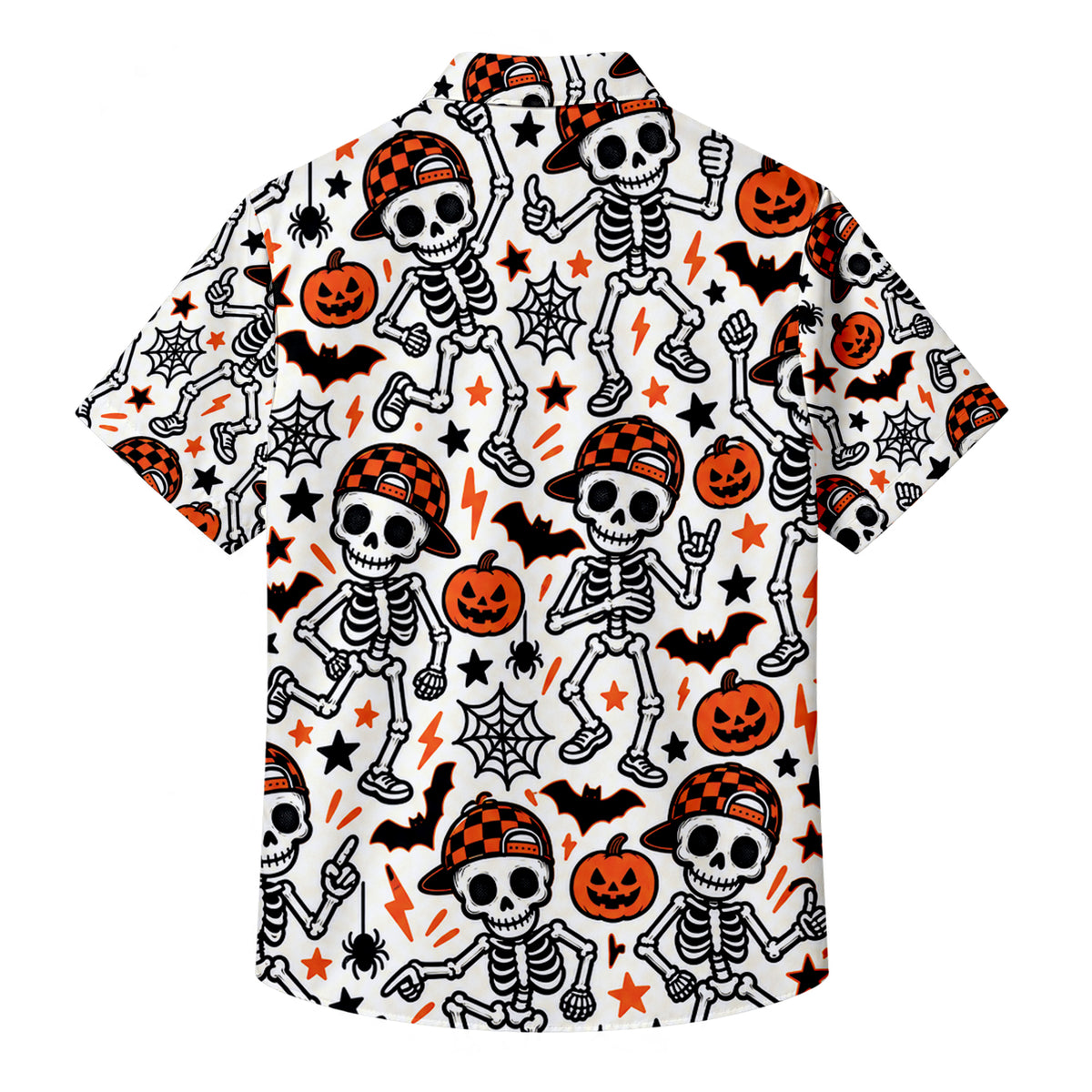 Men’s Halloween Skeleton Pumpkin Short Sleeve Button-Up Shirt