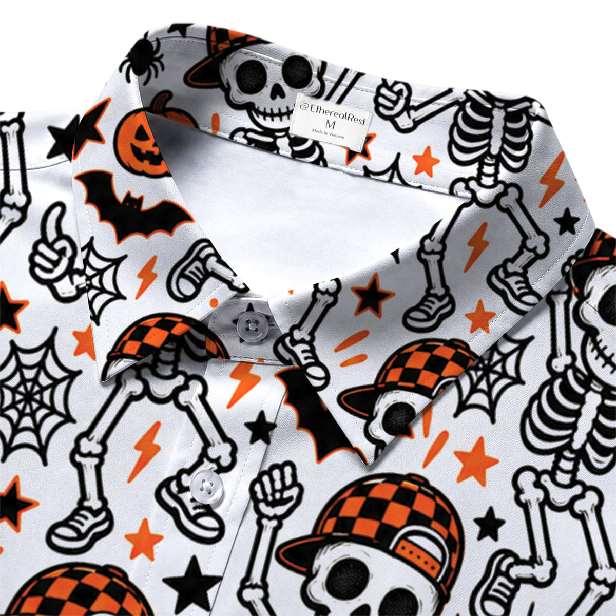 Men’s Halloween Skeleton Pumpkin Short Sleeve Button-Up Shirt