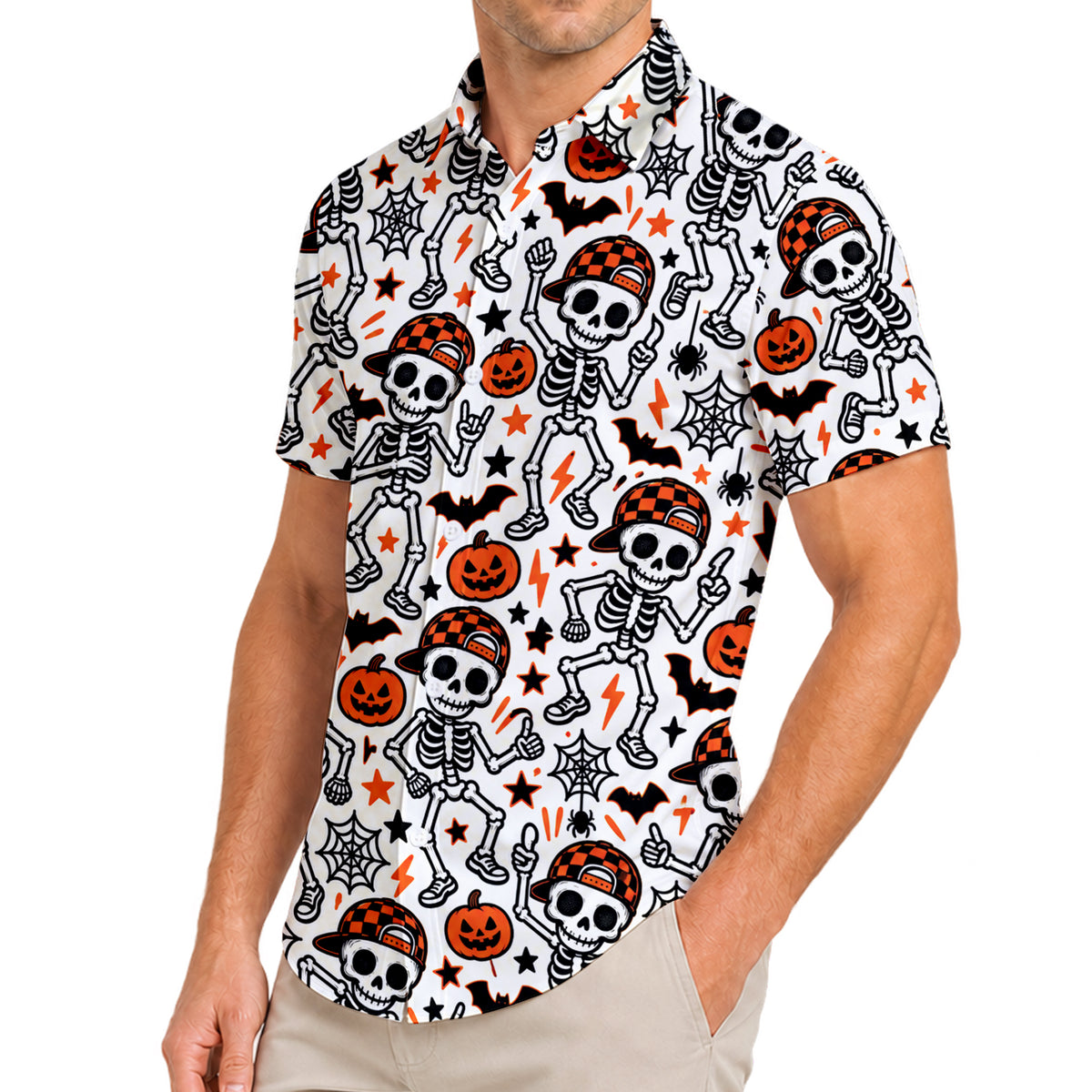Men’s Halloween Skeleton Pumpkin Short Sleeve Button-Up Shirt