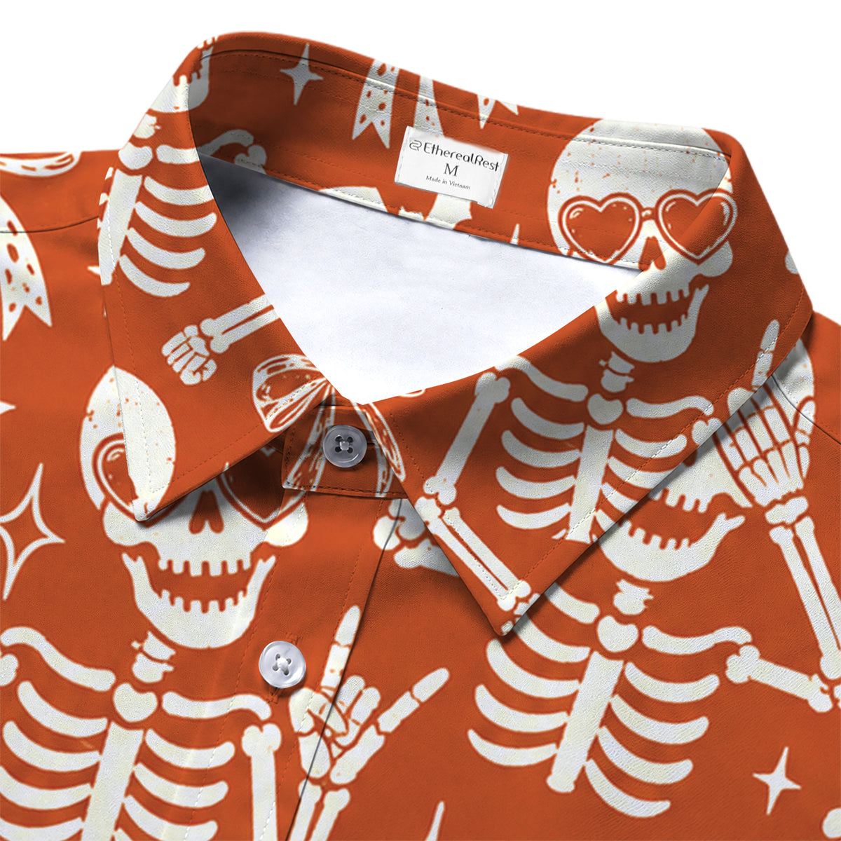 Men’s Orange Skeleton Bow Halloween Short Sleeve Button-Up Shirt