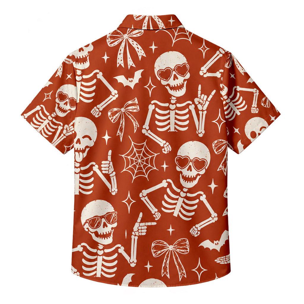 Men’s Orange Skeleton Bow Halloween Short Sleeve Button-Up Shirt