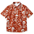Men’s Orange Skeleton Bow Halloween Short Sleeve Button-Up Shirt