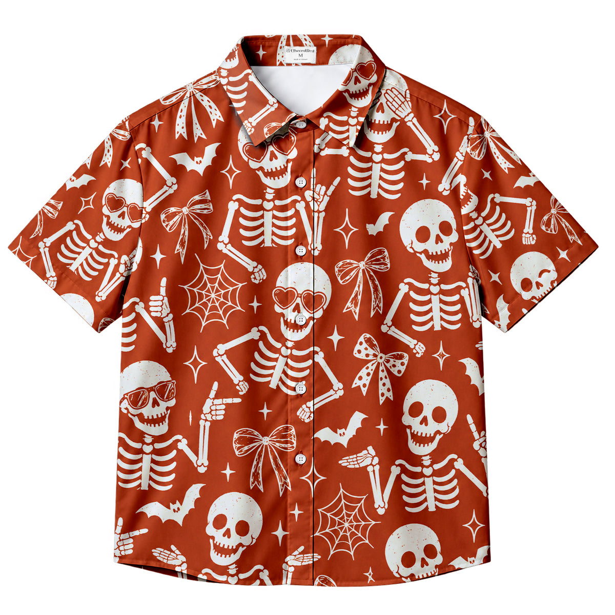 Men’s Orange Skeleton Bow Halloween Short Sleeve Button-Up Shirt