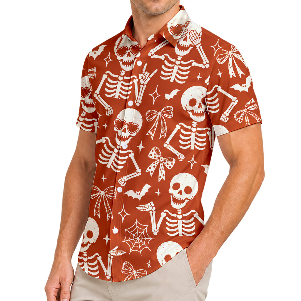 Men’s Orange Skeleton Bow Halloween Short Sleeve Button-Up Shirt
