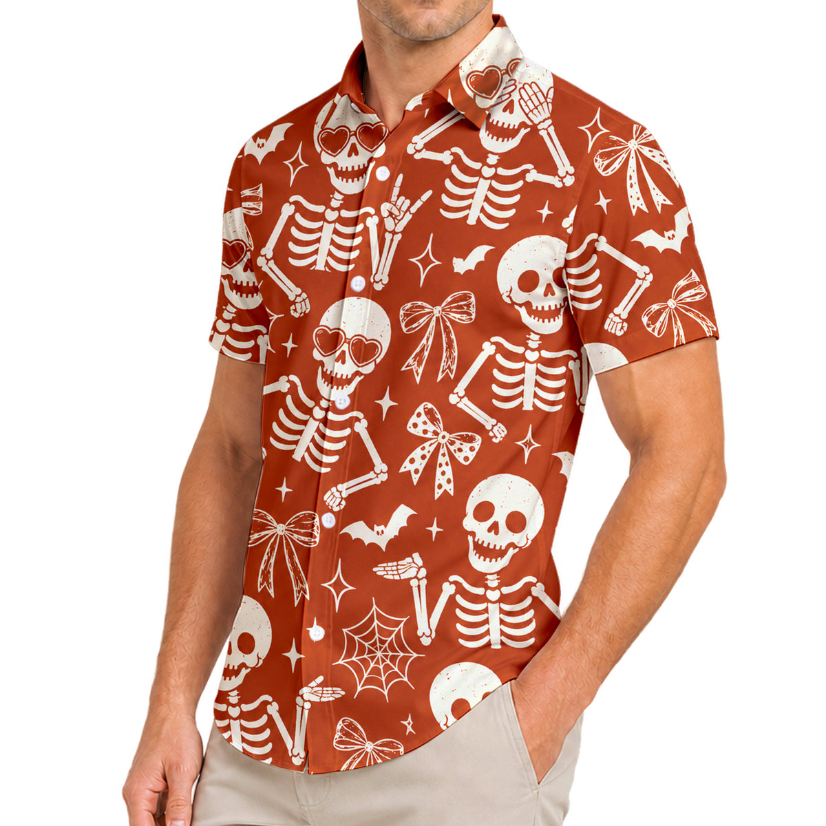 Men’s Orange Skeleton Bow Halloween Short Sleeve Button-Up Shirt