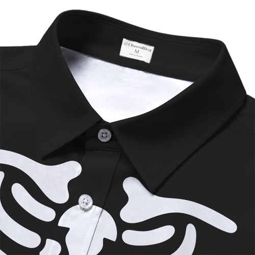 Black Skeleton Rib Cage Short Sleeve Button-Up Shirt