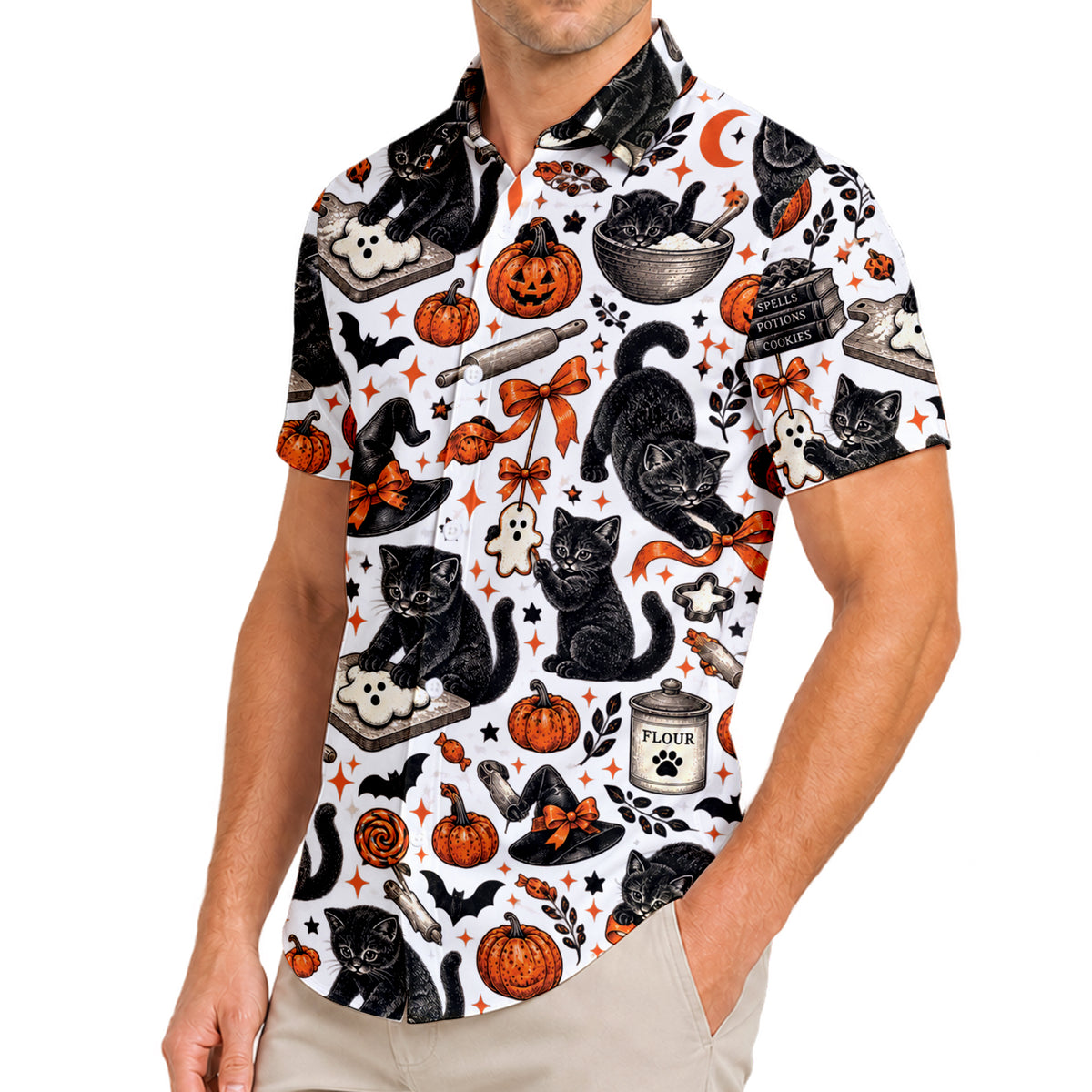Men’s Black Cat Pumpkin Halloween Short Sleeve Button-Up Shirt