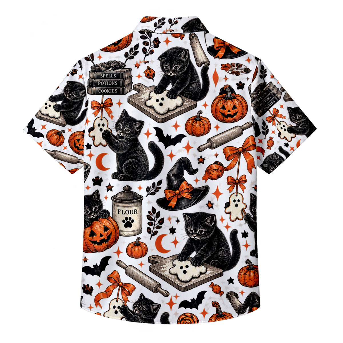 Men’s Black Cat Pumpkin Halloween Short Sleeve Button-Up Shirt