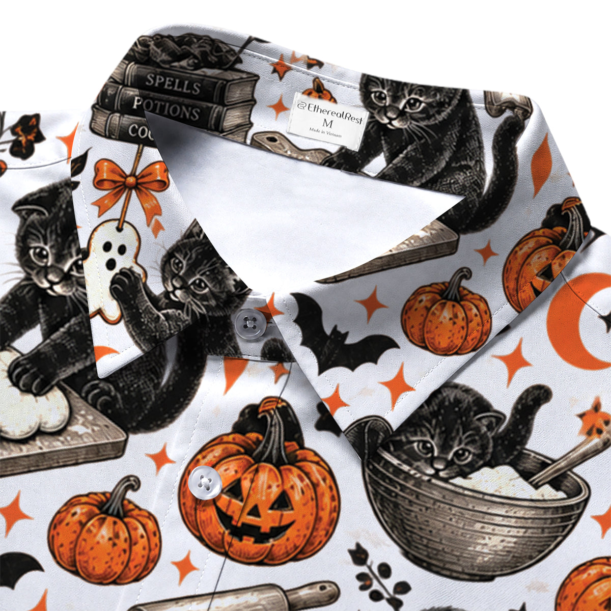 Men’s Black Cat Pumpkin Halloween Short Sleeve Button-Up Shirt