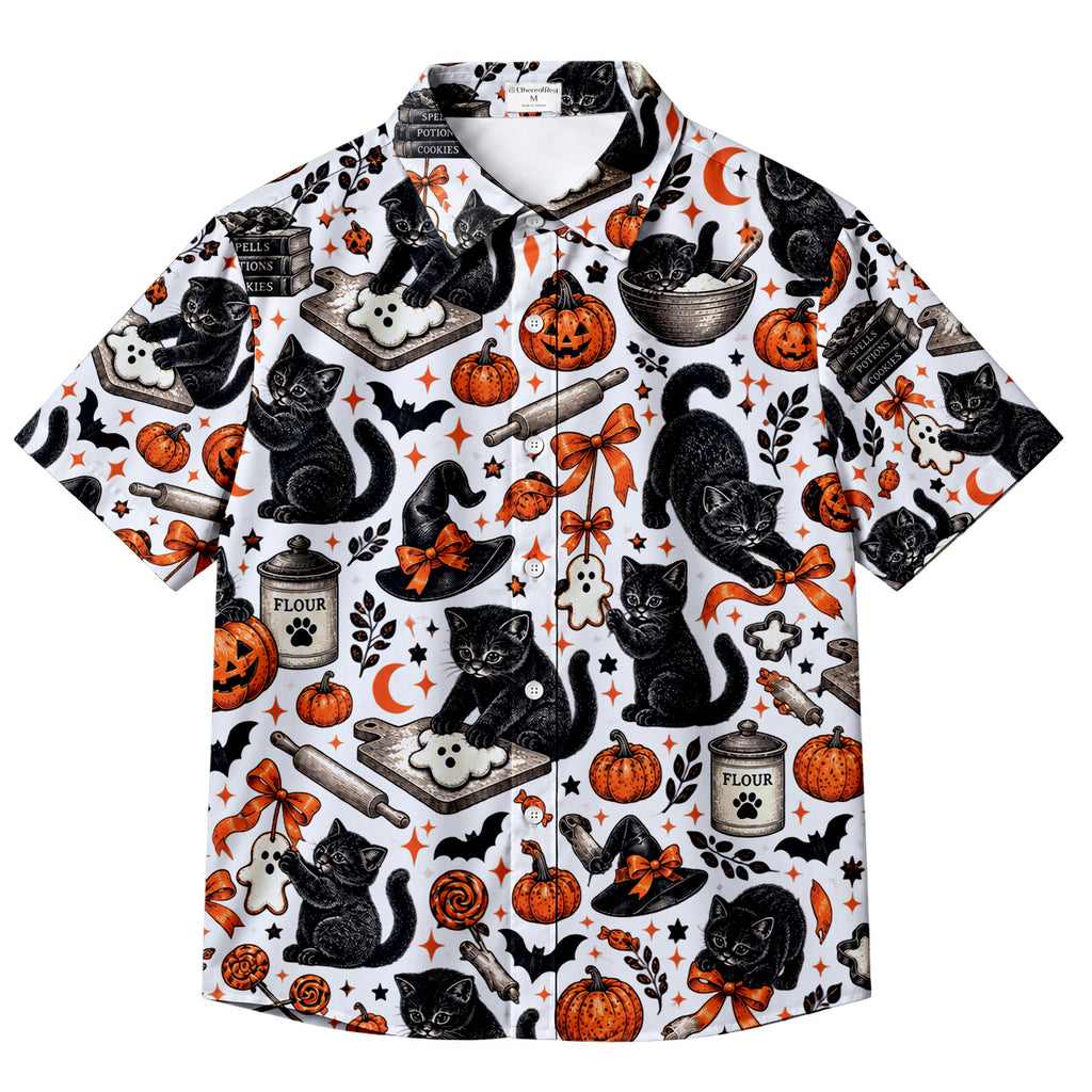 Men’s Black Cat Pumpkin Halloween Short Sleeve Button-Up Shirt