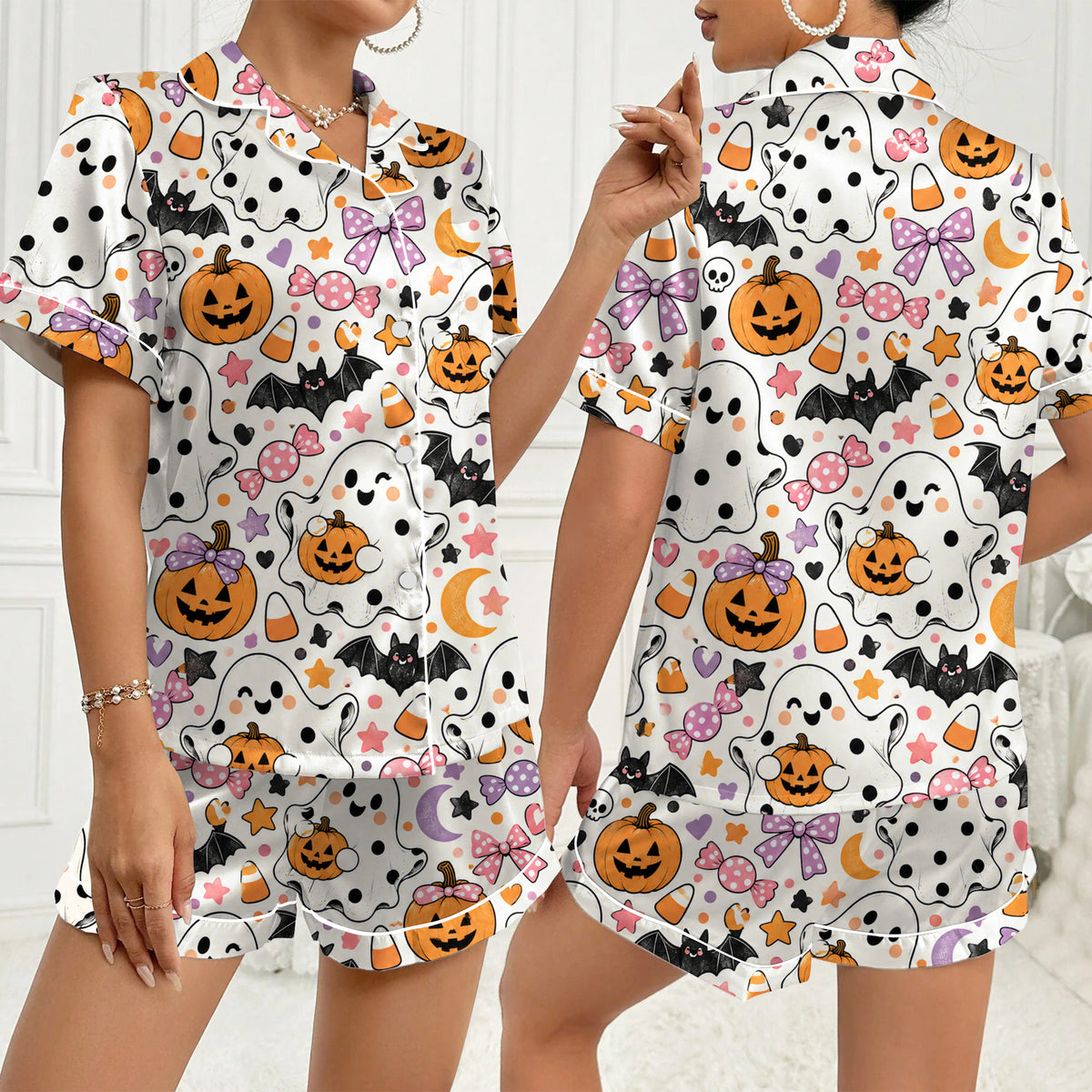 Cute Ghost Pumpkin Halloween Short Sleeve Pajama Set