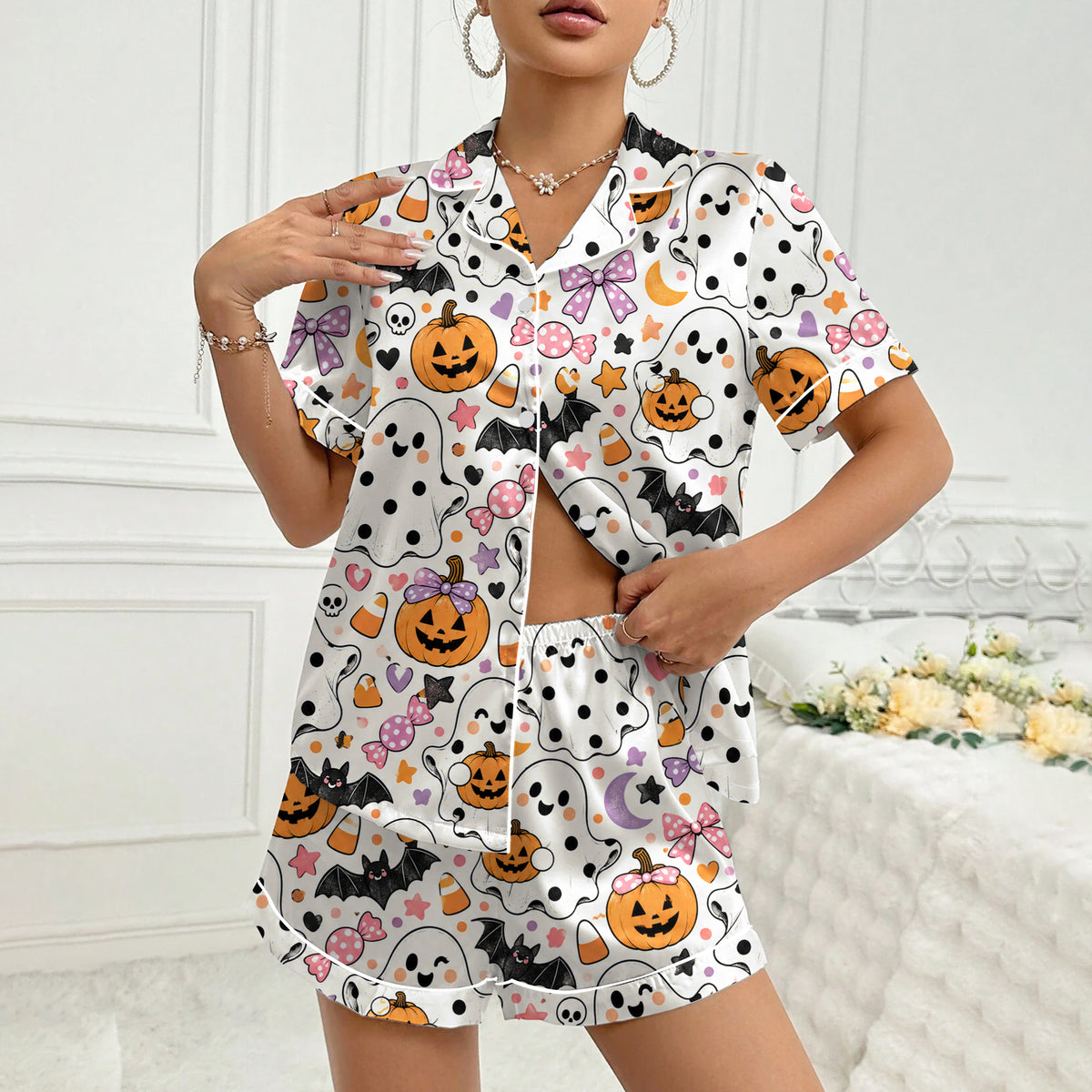 Cute Ghost Pumpkin Halloween Short Sleeve Pajama Set
