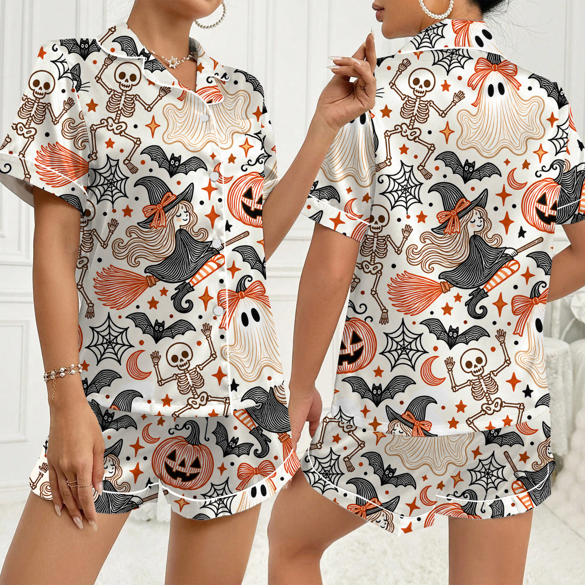 Witch Ghost Pumpkin Halloween Short Sleeve Pajama Set