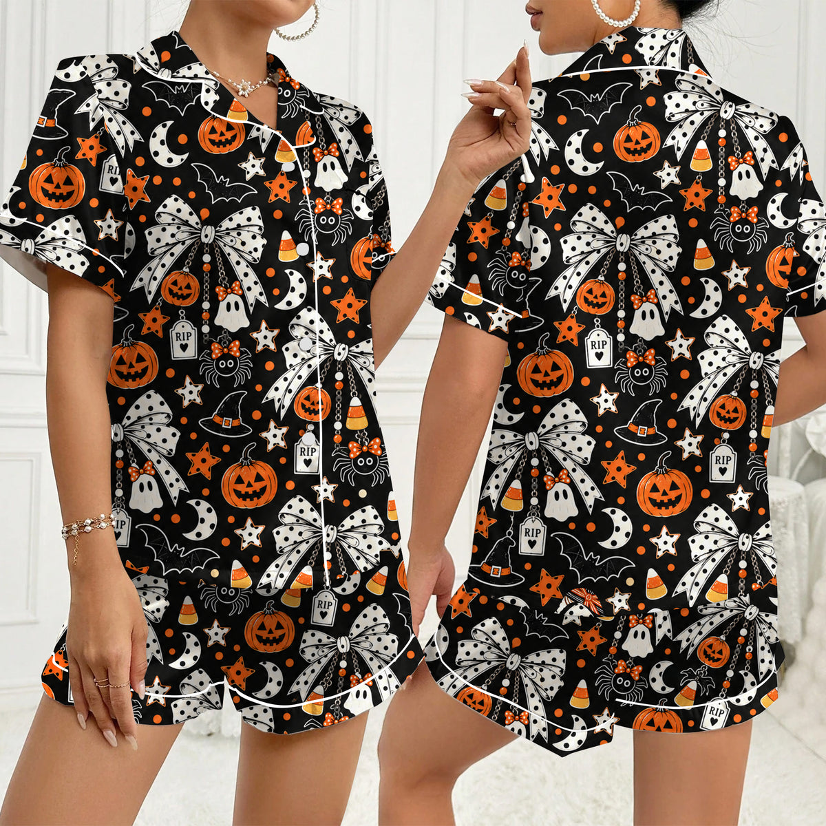 Halloween Bow Pumpkin Ghost Short Sleeve Pajama Set