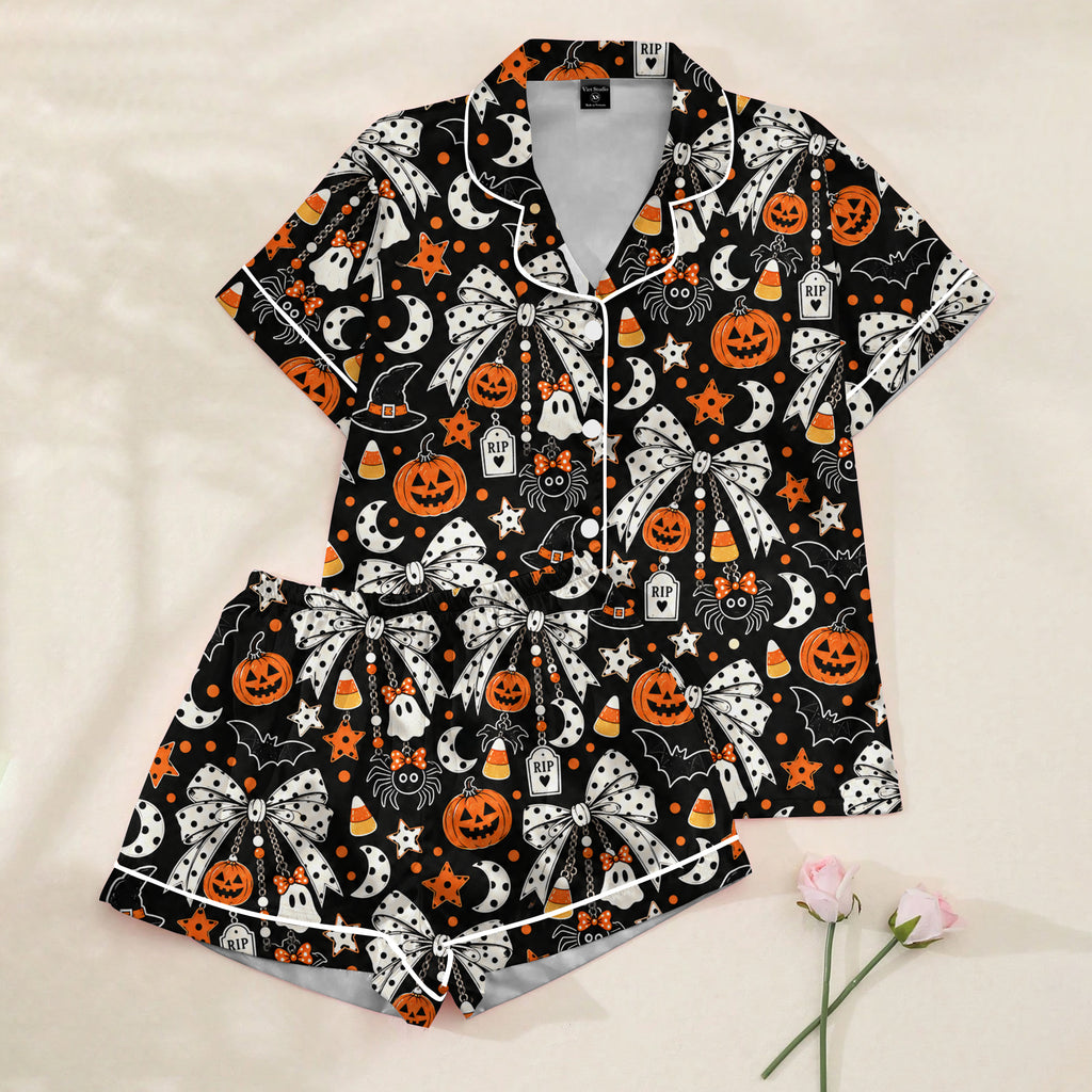 Halloween Bow Pumpkin Ghost Short Sleeve Pajama Set