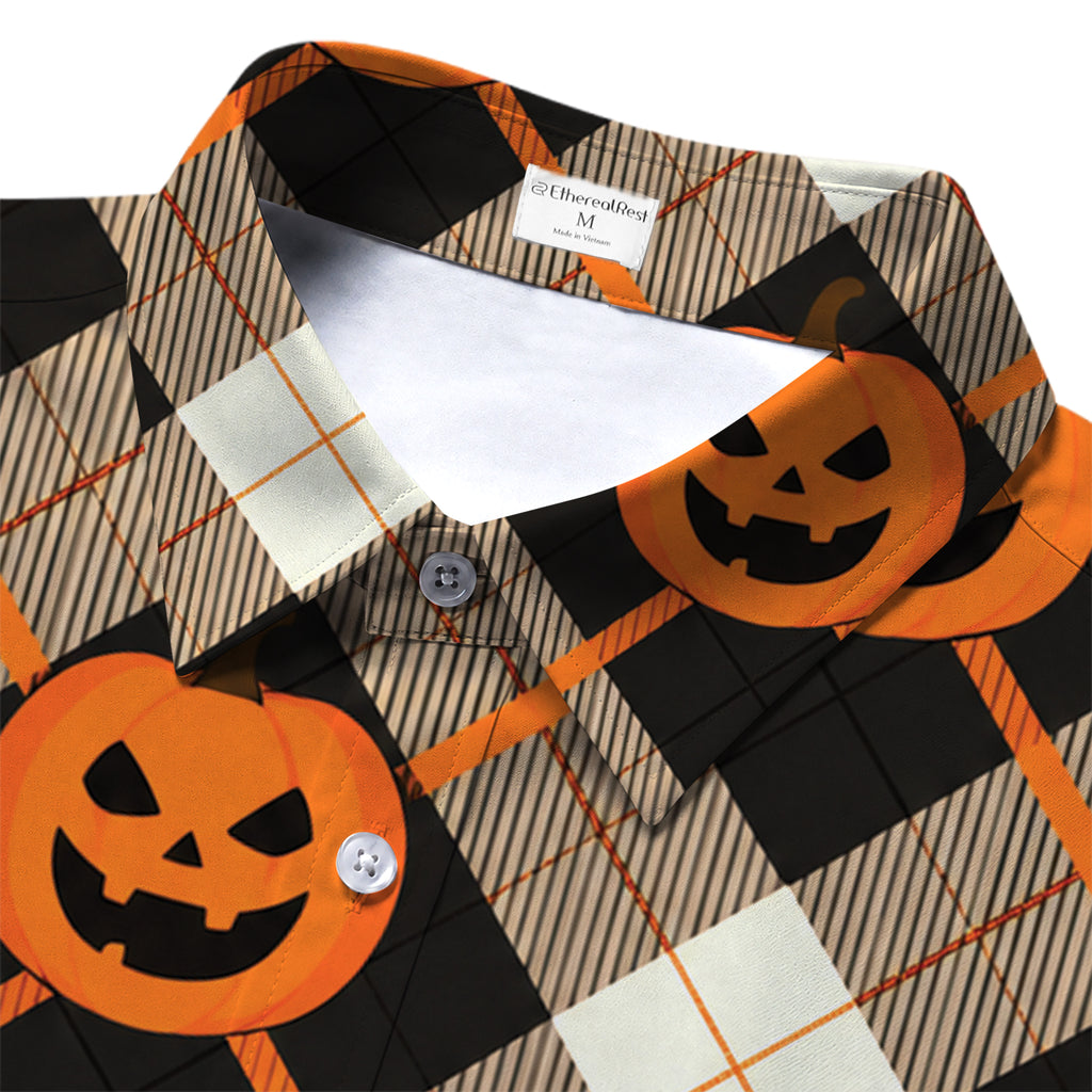 Men’s Halloween Pumpkin Argyle Short Sleeve Button-Up Shirt