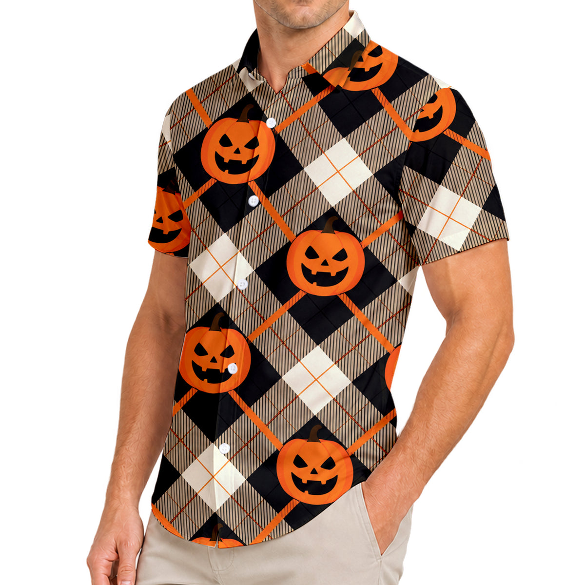 Men’s Halloween Pumpkin Argyle Short Sleeve Button-Up Shirt