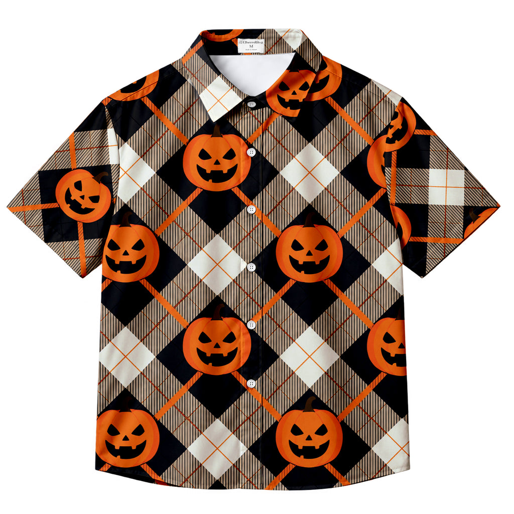 Men’s Halloween Pumpkin Argyle Short Sleeve Button-Up Shirt