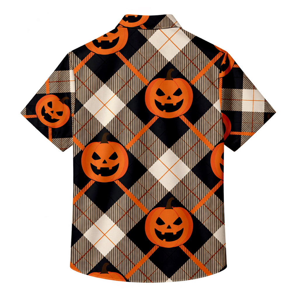 Men’s Halloween Pumpkin Argyle Short Sleeve Button-Up Shirt
