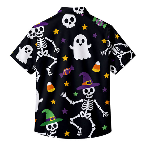 Black Ghost Pumpkin Bow Halloween Short Sleeve Button-Up Shirt