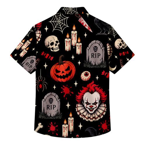 Black Evil Clown Halloween Horror Short Sleeve Button-Up Shirt