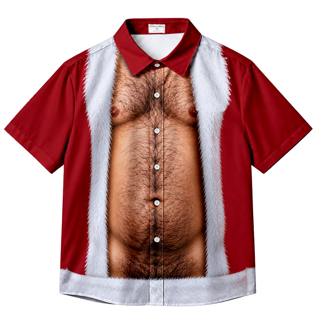 Men’s Santa Suit and Hairy Chest Print Short Sleeve Button-Up Shirt