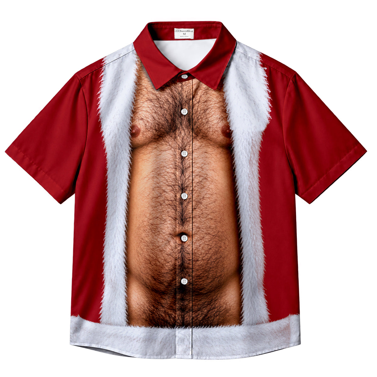 Men’s Santa Suit and Hairy Chest Print Short Sleeve Button-Up Shirt