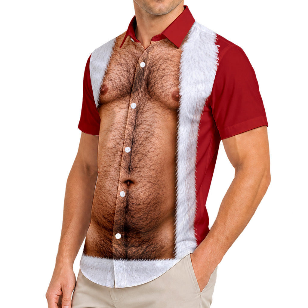 Men’s Santa Suit and Hairy Chest Print Short Sleeve Button-Up Shirt