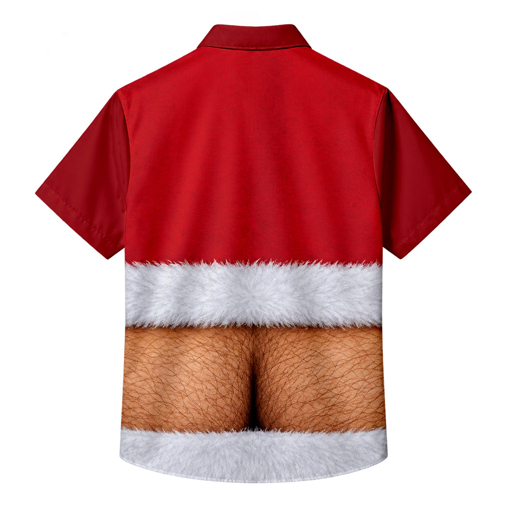 Men’s Santa Suit and Hairy Chest Print Short Sleeve Button-Up Shirt