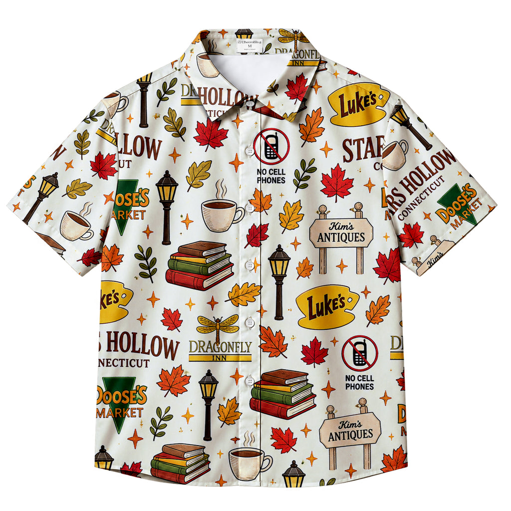 Men’s Gilmore Girls Stars Hollow Autumn Print Short Sleeve Button-Up Shirt