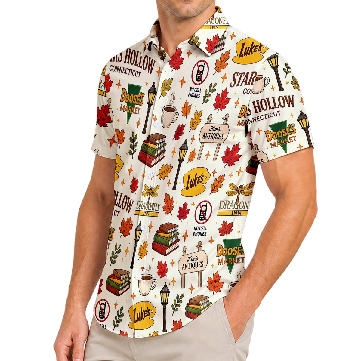 Men’s Gilmore Girls Stars Hollow Autumn Print Short Sleeve Button-Up Shirt