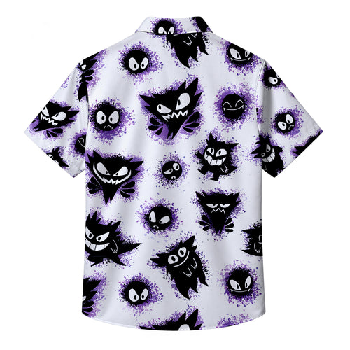 Men’s Pokémon Gastly Haunter and Gengar Purple Splatter Short Sleeve Button-Up Shirt